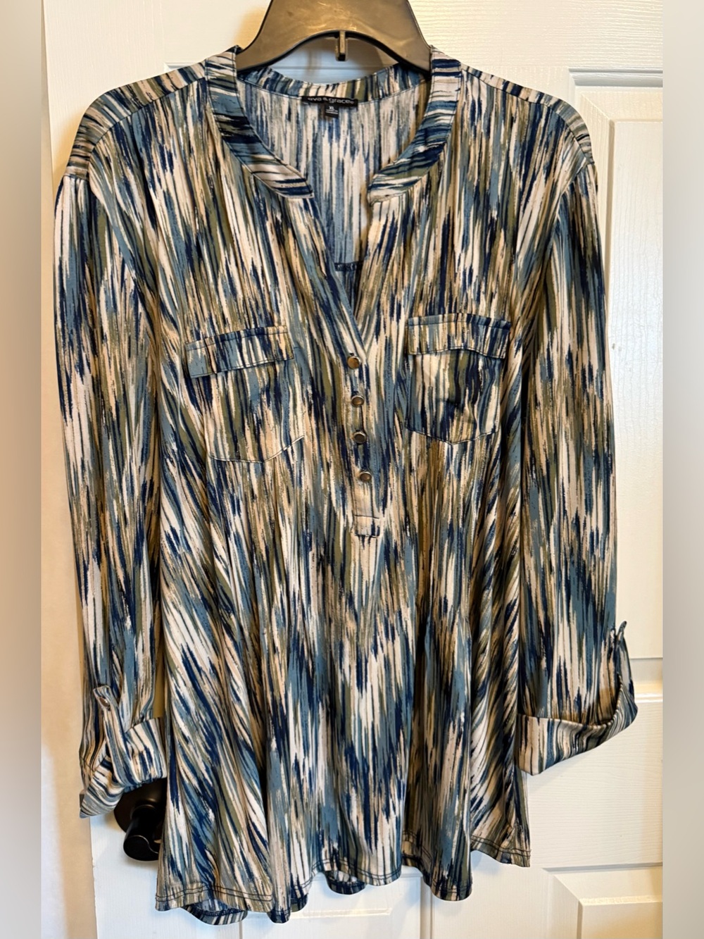 Ava & Grace Blue, Cream & Olive Striped Button Henley Tunic